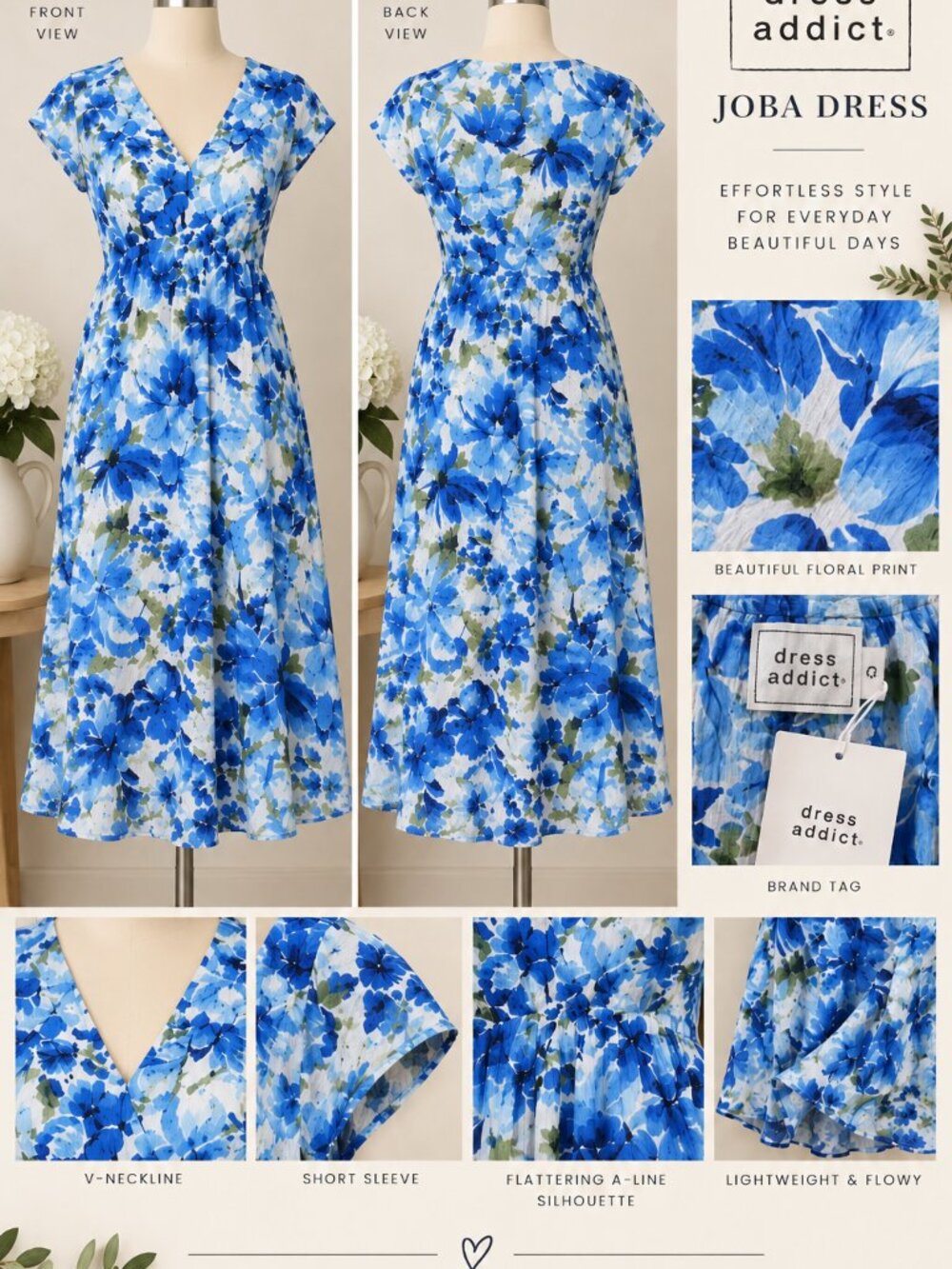 NWT Dress Addict Joba Blue Floral A-Line Midi Dress Size L XL - Picture 2 of 8
